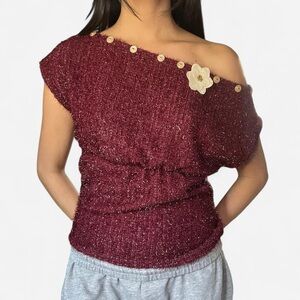 Women's Burgundy Off-Shoulder Sweater